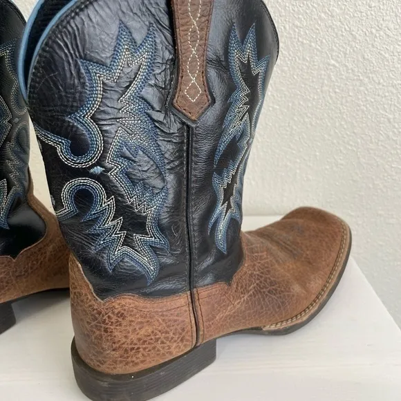 Ariat Western Cowboy Boots Square Toe Leather Brown Blue Stitching Size US 5