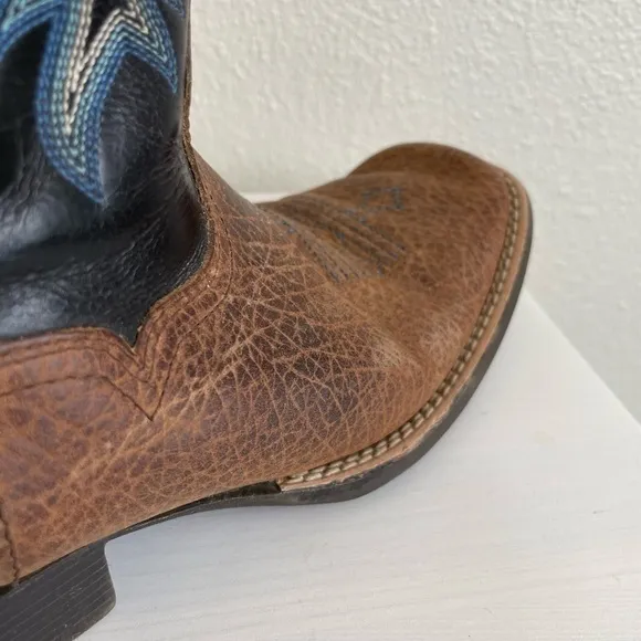 Ariat Western Cowboy Boots Square Toe Leather Brown Blue Stitching Size US 5