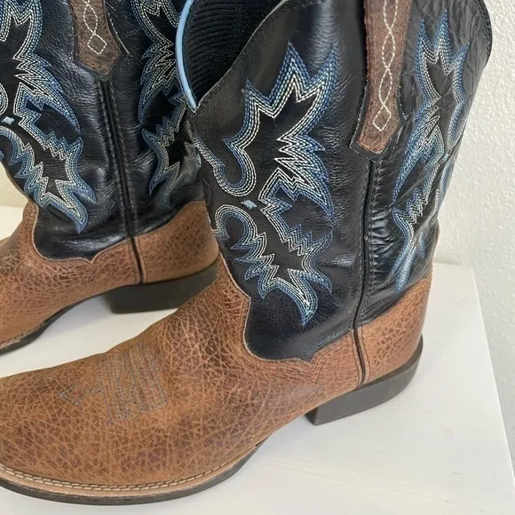 Ariat Western Cowboy Boots Square Toe Leather Brown Blue Stitching Size US 5