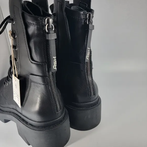 ASH Madness Moto Combat Boots Black Leather Block Heel Size 40 Retail $345 NWT