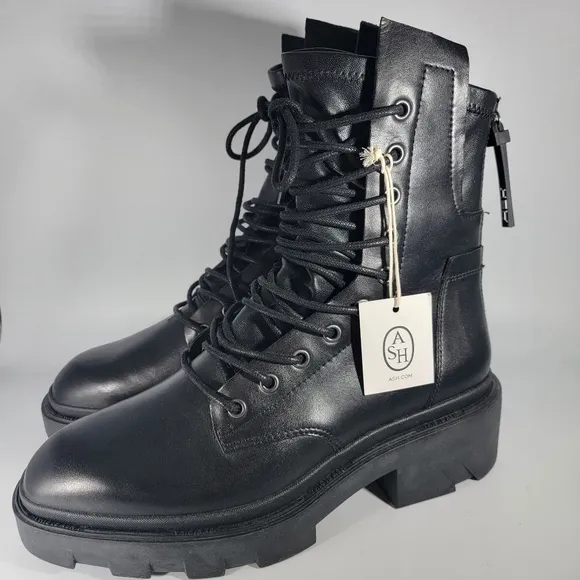 ASH Madness Moto Combat Boots Black Leather Block Heel Size 40 Retail $345 NWT