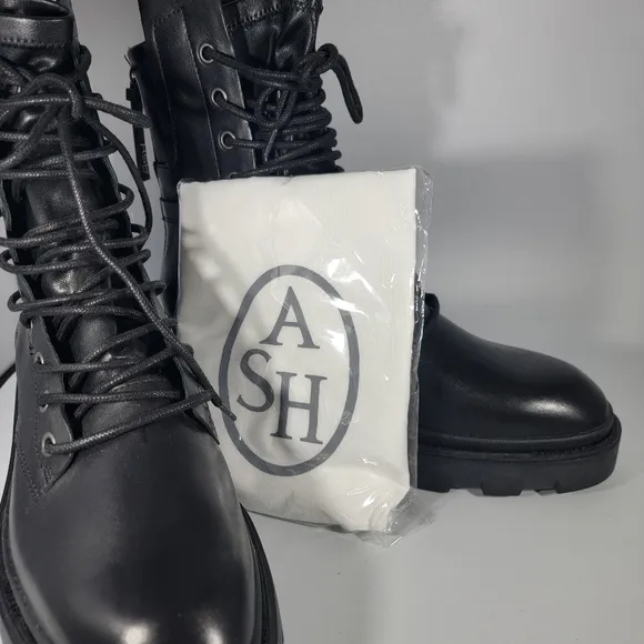 ASH Madness Moto Combat Boots Black Leather Block Heel Size 40 Retail $345 NWT