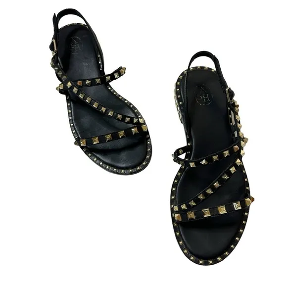 Ash Peace Pyramid Stud Leather Strappy Sandals in Black Size 37