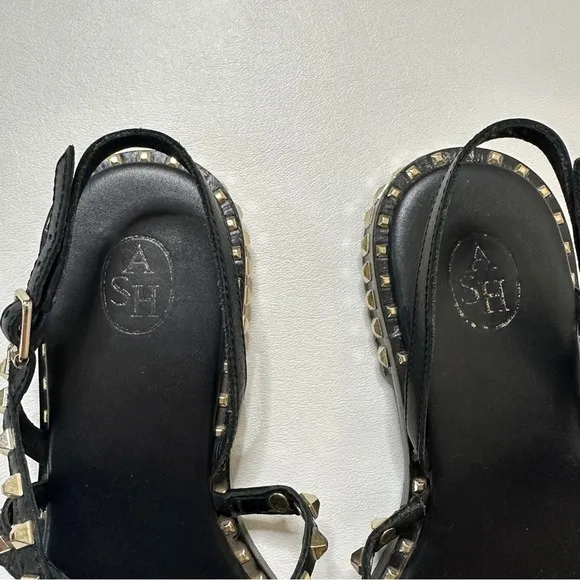 Ash Peace Pyramid Stud Leather Strappy Sandals in Black Size 37