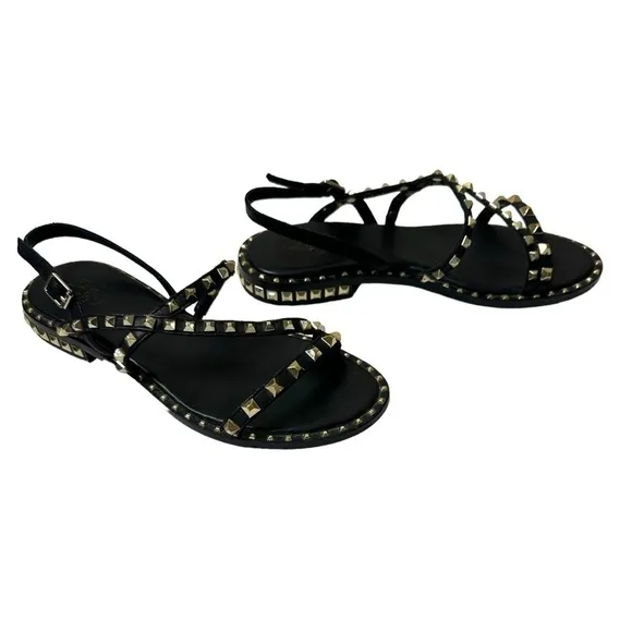 Ash Peace Pyramid Stud Leather Strappy Sandals in Black Size 37