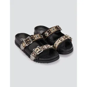 ASH Ulysse Flat Sandals Spiked Studded Embroidered Black Beige Buckles 38 7.5