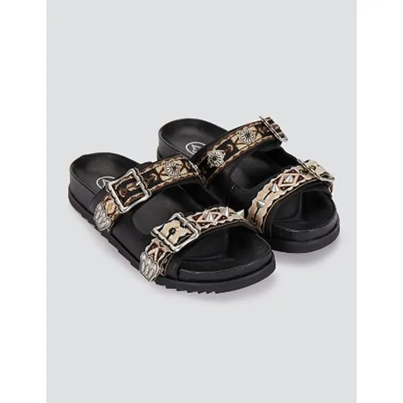 ASH Ulysse Flat Sandals Spiked Studded Embroidered Black Beige Buckles 38 7.5