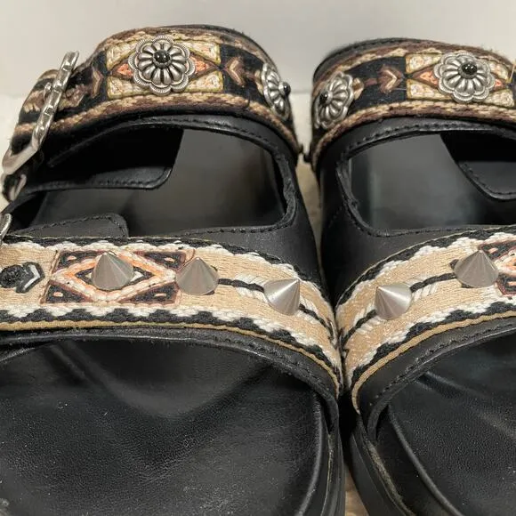 ASH Ulysse Flat Sandals Spiked Studded Embroidered Black Beige Buckles 38 7.5