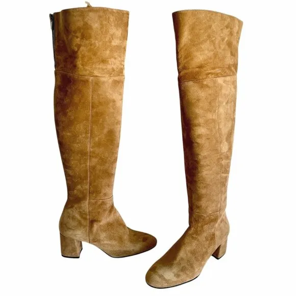 ASKA Over Knee Boots Block Heel Tan Brown  Suede Leather Shoe Size EU 40 US 10
