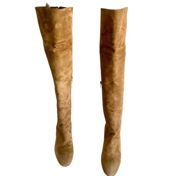 ASKA Over Knee Boots Block Heel Tan Brown  Suede Leather Shoe Size EU 40 US 10