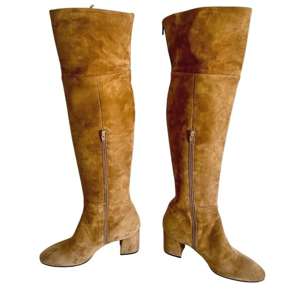ASKA Over Knee Boots Block Heel Tan Brown  Suede Leather Shoe Size EU 40 US 10