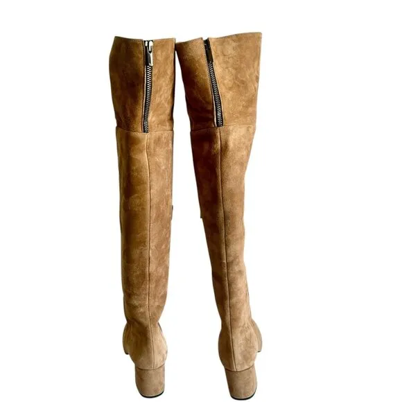 ASKA Over Knee Boots Block Heel Tan Brown  Suede Leather Shoe Size EU 40 US 10