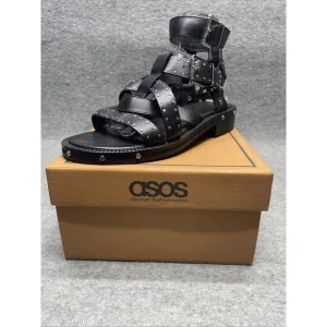 ASOS DESIGN Women's US 8 Wide Fernanda Blk Leather Chunky Flat Sandals NEW Y2k