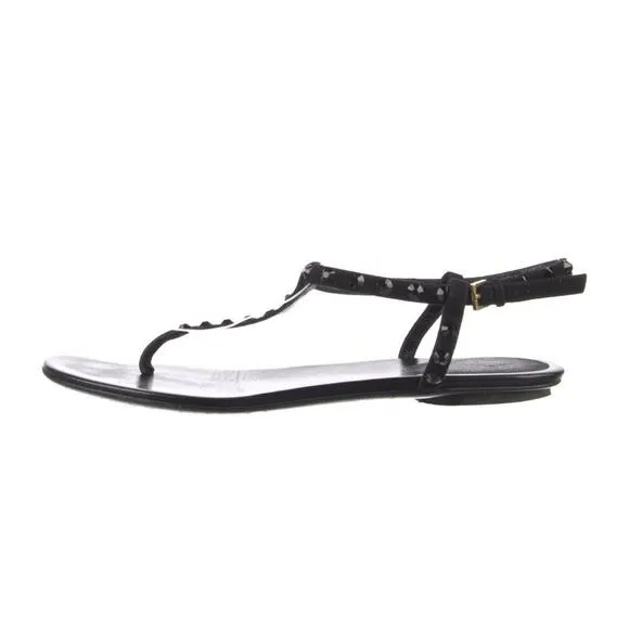 Authentic Gucci Black Leather Rhinestone Embellished Thong Flat Sandals EU 37.5
