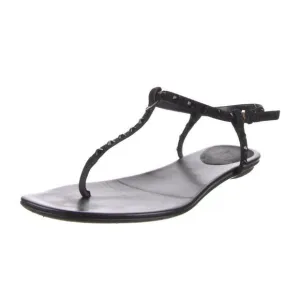 Authentic Gucci Black Leather Rhinestone Embellished Thong Flat Sandals EU 37.5