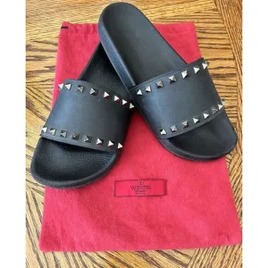 Authentic Valentino Rockstud Black Sandal Rubber Slide Flat Slider Size 42 EUC