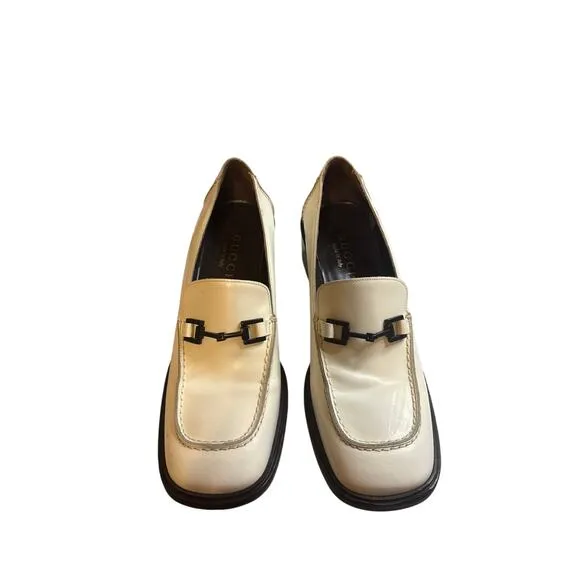 Authentic Vintage GUCCI white patent leather loafers with black horsebit