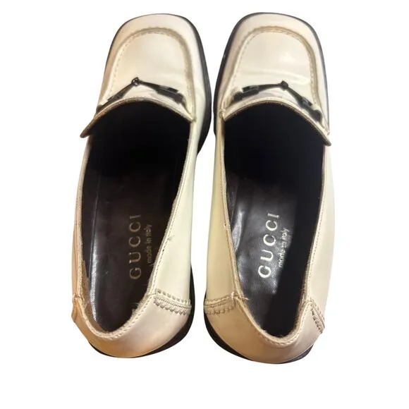 Authentic Vintage GUCCI white patent leather loafers with black horsebit