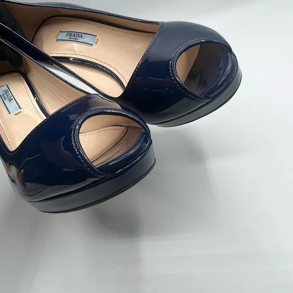 Authentic Women’s Blue Prada Peep Toe Sandals SZ 37.5 Excellent Condition