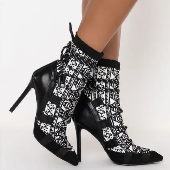 Azalea Wang Vegan Black &amp; White Sock Ankle Stiletto Heel Booties