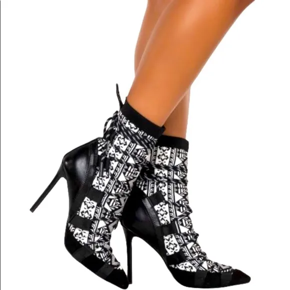 Azalea Wang Vegan Black &amp; White Sock Ankle Stiletto Heel Booties