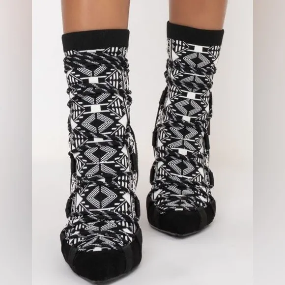 Azalea Wang Vegan Black &amp; White Sock Ankle Stiletto Heel Booties