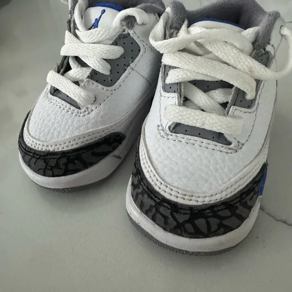 Baby size 2 Gray White and Blue Jordan 3 Retro TD Sneakers