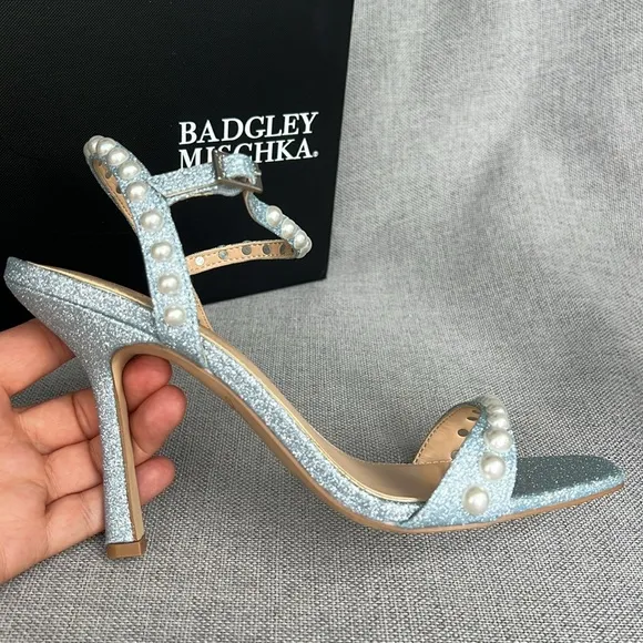 BADGLEY MISCHKA Jewel pearl shimmer high heel sandals pale blue