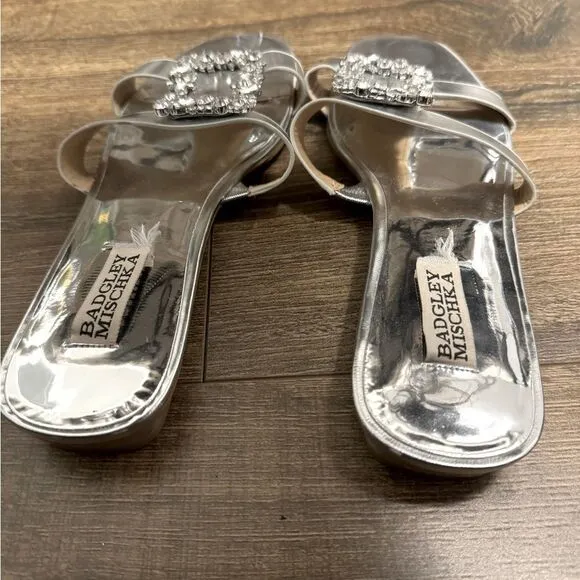 Badgley Mischka Silver Josette Flat Metallic Slide Sandals