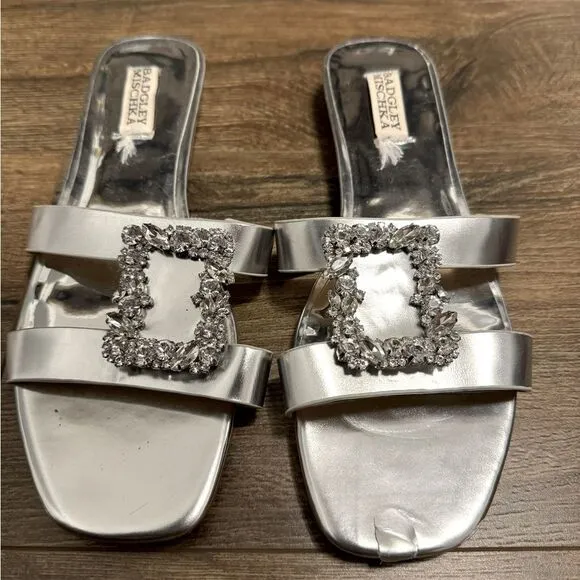 Badgley Mischka Silver Josette Flat Metallic Slide Sandals