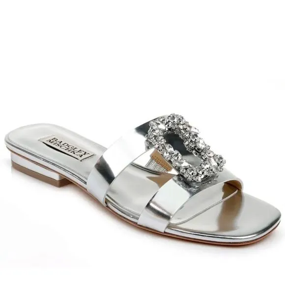 Badgley Mischka Silver Josette Flat Metallic Slide Sandals