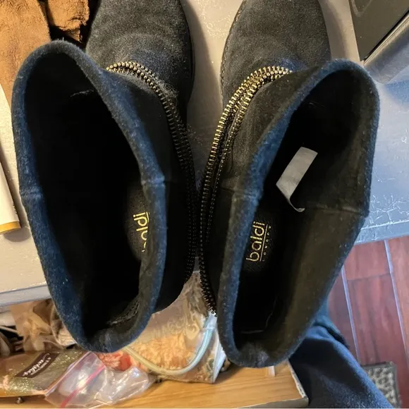 Baldi LONDON Black Suede Zipper Chain Slip On Ankle  Booties Sz 37 (6-6.5)