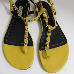 Balenciaga Paris Mustard Yellow Leather Studded Flat Slide Sandals Italy 40.5