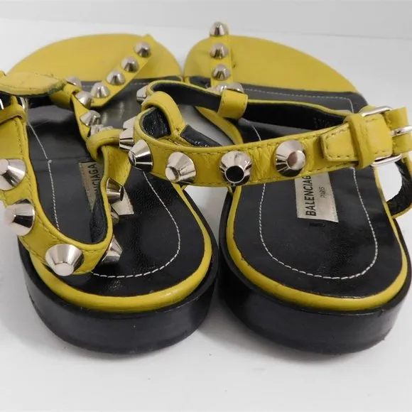 Balenciaga Paris Mustard Yellow Leather Studded Flat Slide Sandals Italy 40.5
