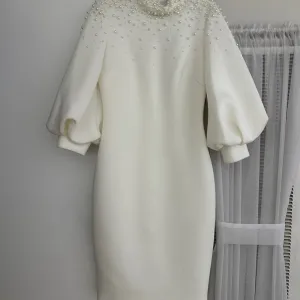 Balloon Sleeve Pearl Adorned Cocktail Dress