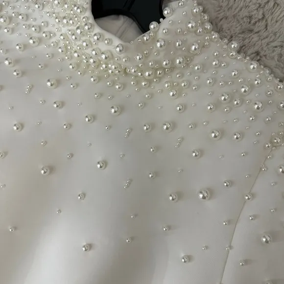 Balloon Sleeve Pearl Adorned Cocktail Dress