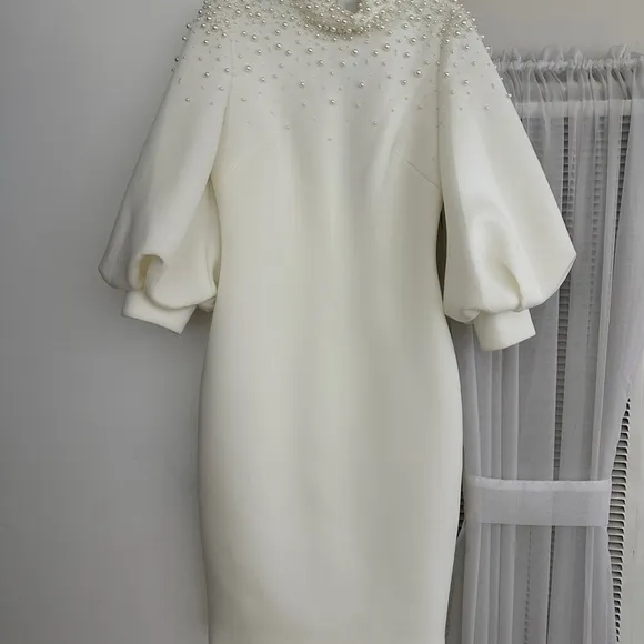 Balloon Sleeve Pearl Adorned Cocktail Dress