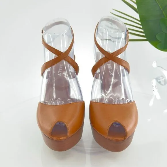 Bally Switzerland Women's Sandals Size 38 High Heel Brown Leather Platform