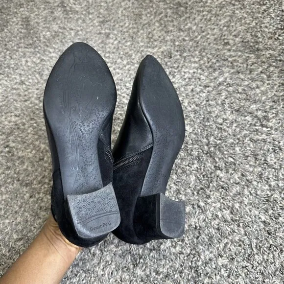 Beautifeel Ankle Boots Suede Black Leather Low Block Heel Classy Zip 36 US 5-5.5