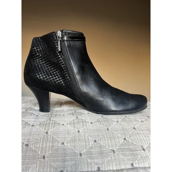 Beautifeel Black Leather w/ Suede Checked Ankle Heeled Boots EU 41 US 10 - 10.5