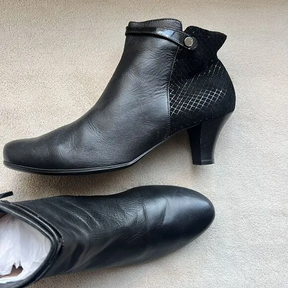 Beautifeel Black Leather w/ Suede Checked Ankle Heeled Boots EU 41 US 10 - 10.5