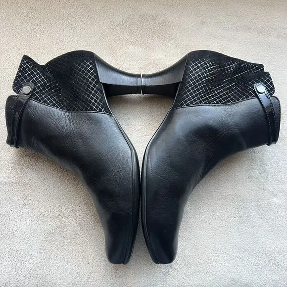 Beautifeel Black Leather w/ Suede Checked Ankle Heeled Boots EU 41 US 10 - 10.5