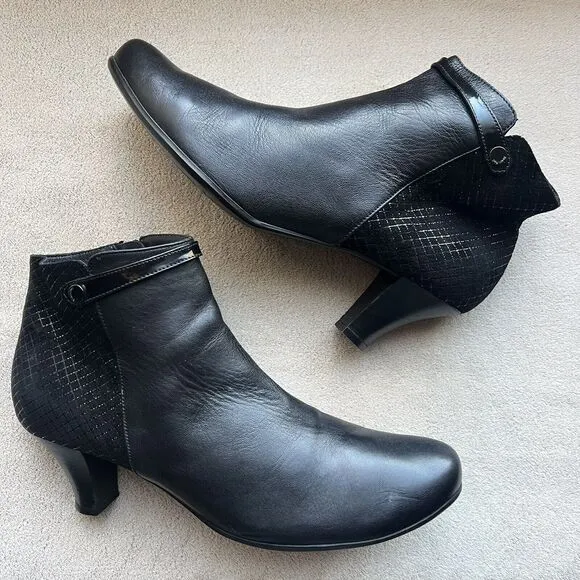 Beautifeel Black Leather w/ Suede Checked Ankle Heeled Boots EU 41 US 10 - 10.5