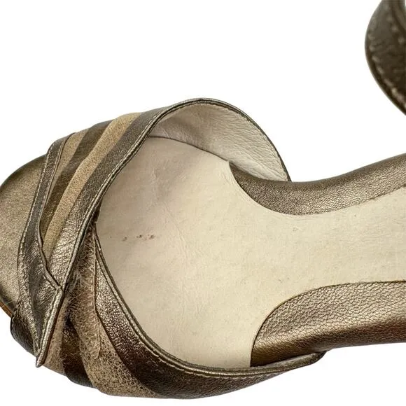 BeautiFeel Leather Metallic Striped Block Heel Sandals 7.5 Cushioned Classic
