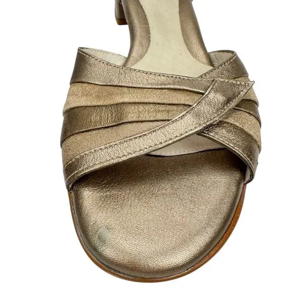 BeautiFeel Leather Metallic Striped Block Heel Sandals 7.5 Cushioned Classic