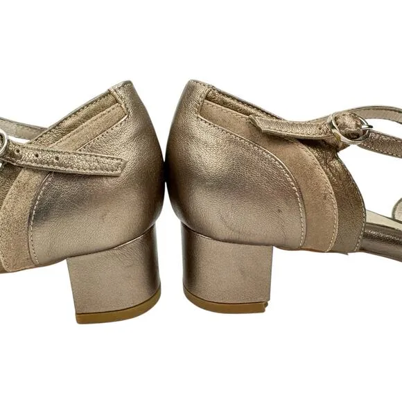 BeautiFeel Leather Metallic Striped Block Heel Sandals 7.5 Cushioned Classic
