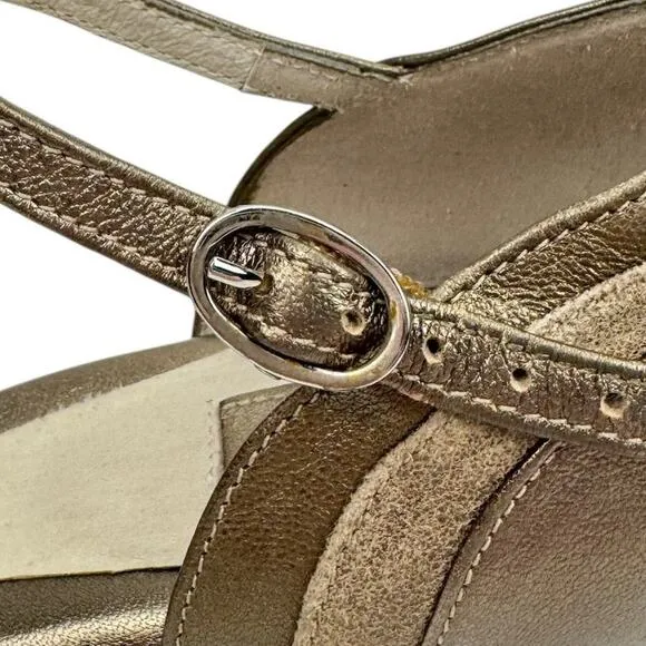 BeautiFeel Leather Metallic Striped Block Heel Sandals 7.5 Cushioned Classic