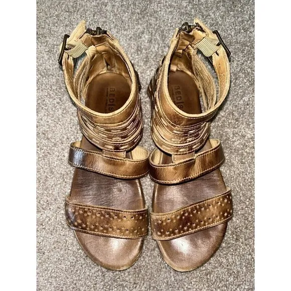 BED Stu Artemis Cognac Brown Leather Gladiator Flat Sandals Zip Size 9