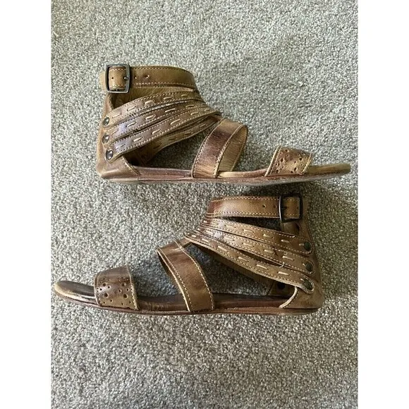 BED Stu Artemis Cognac Brown Leather Gladiator Flat Sandals Zip Size 9
