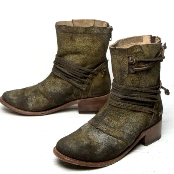 BED STU Boots EVERETT Haze Sailor Khaki Green Gold Suede Leather Back Zip Size 8